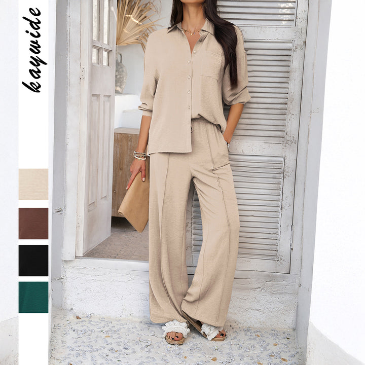 Women’s casual shirt and palazzo set with elastic drawstring waistband, chest pocket, and textured crinkle quality Mune Fashion