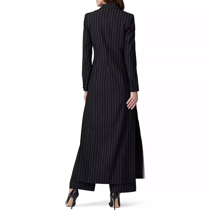 Women's Longline Blazer Coat with Pinstripes, Tailored Silhouette and Flap Pockets Mune Fashion