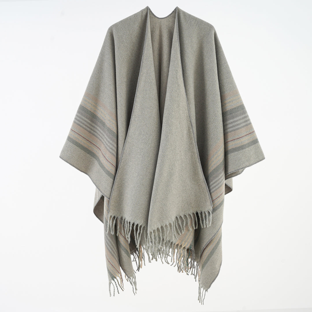 Women's Soft Falling Cape Poncho with Striped Trim and Fringe Hem