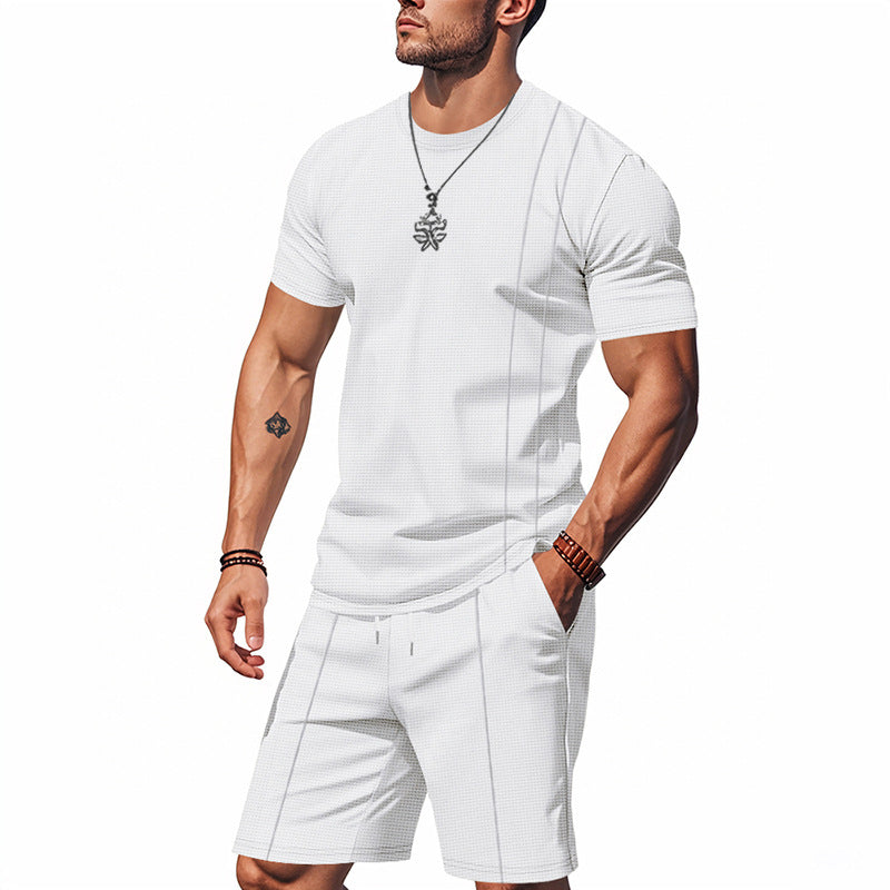Men's urban waffle jersey ensemble with contrasting decorative seams and loose Bermuda fit Mune Fashion