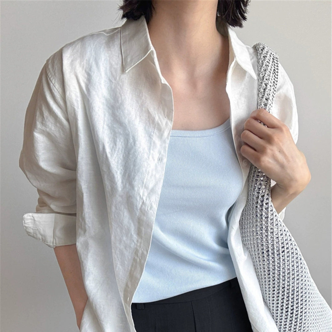 Women Loose Linen Shirt with Boxy Silhouette, Turned-up Cuff and Kent Collar Mune Fashion