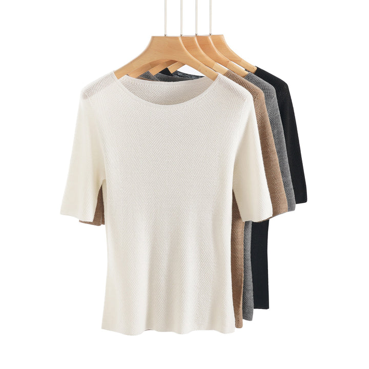 Women's Loose Fine Knit Tunic Top with Boat Neck and Herringbone Texture Mune Fashion