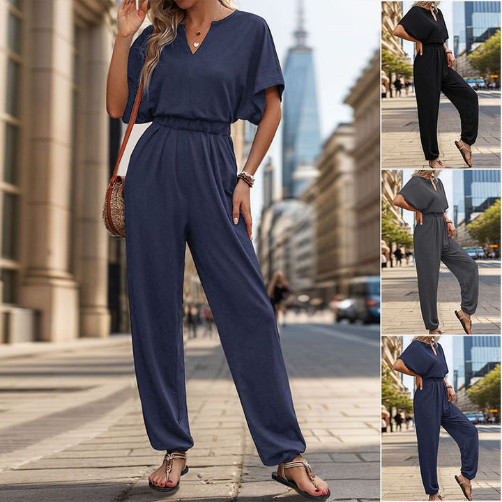 Women's Casual Jumpsuit with Waist Smocking, Short Batwing Sleeves and Elastic Ankle Cuffs Mune Fashion