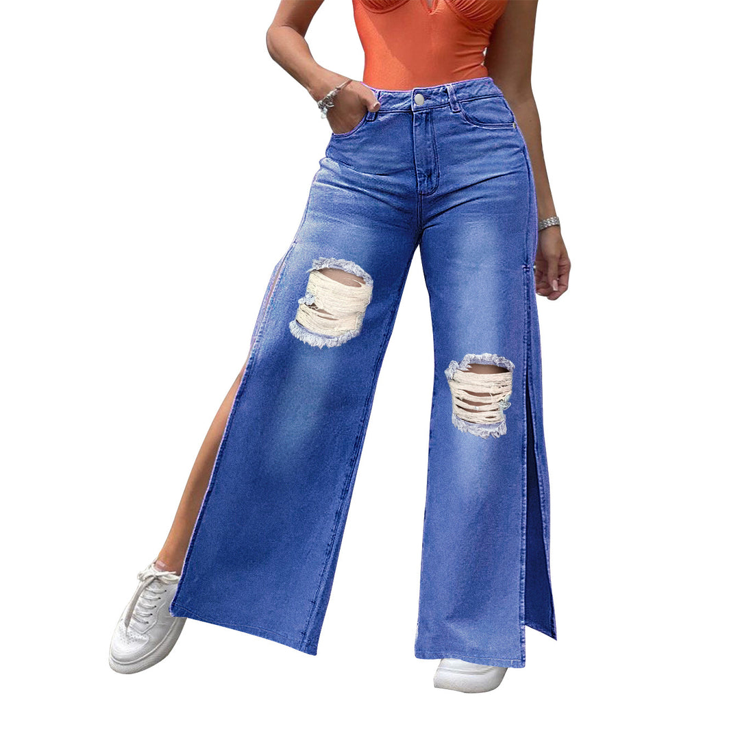 Ladies High-Waisted Wide-Leg Jeans with Knee Rips and Side Slits Mune Fashion