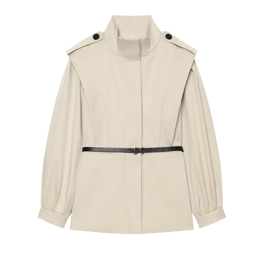 Women Short Cape Trench with High Funnel Collar and Waist Belt Mune Fashion