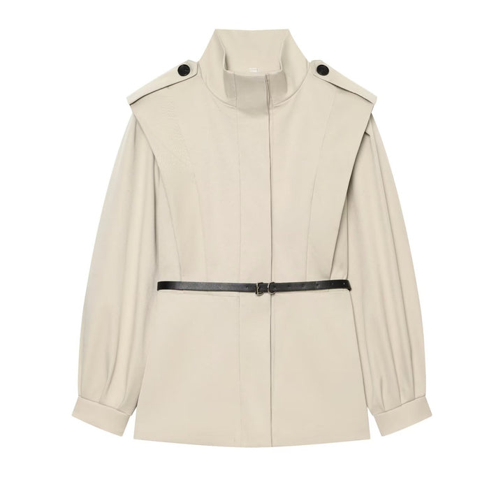 Women Short Cape Trench with High Funnel Collar and Waist Belt Mune Fashion
