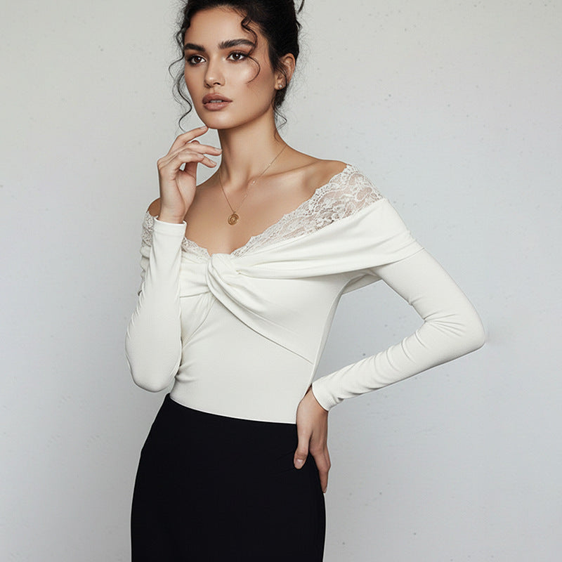 Ladies Elegant Bodysuit with Lace Collar Mune Fashion