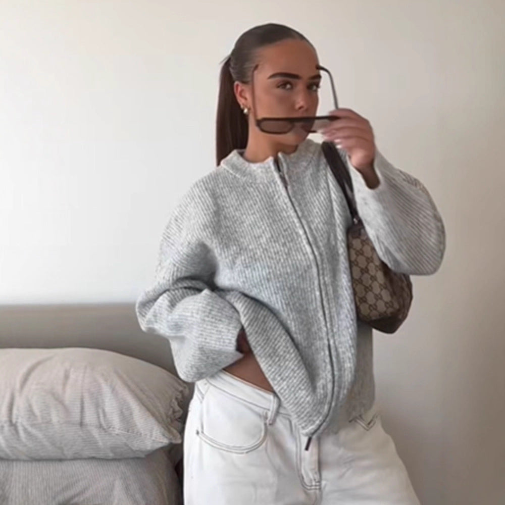 Women's Chunky Knit Zipper Cardigan with Oversized Cut Mune Fashion