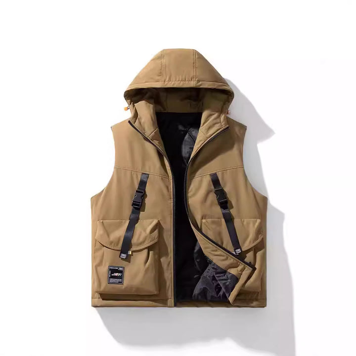 Men's Technical Outdoor Vest with Hood, Quilted Insulation and Multifunctional Cargo Pockets Mune Fashion