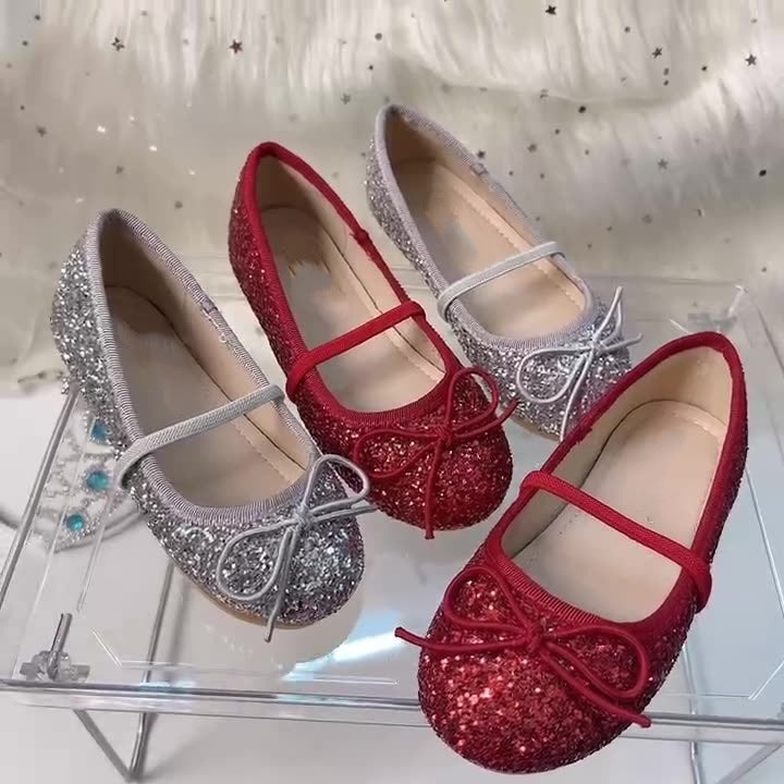 Girl Glittering Ballerinas with Decorative Bow Decoration Mune Fashion