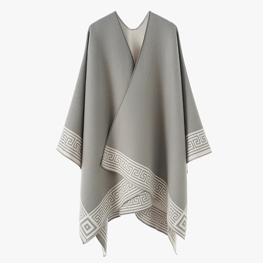 Women Oversize Cape Poncho in Wrap Style with Meander Border and Boxy Silhouette Mune Fashion