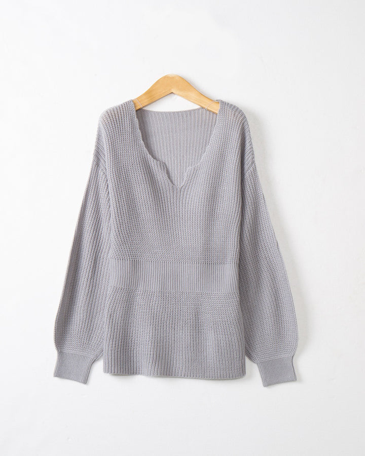 Women's Loose Fine Knit Sweater with V Notch Neckline, Fitted Ribbed Hem and Balloon Sleeves Mune Fashion