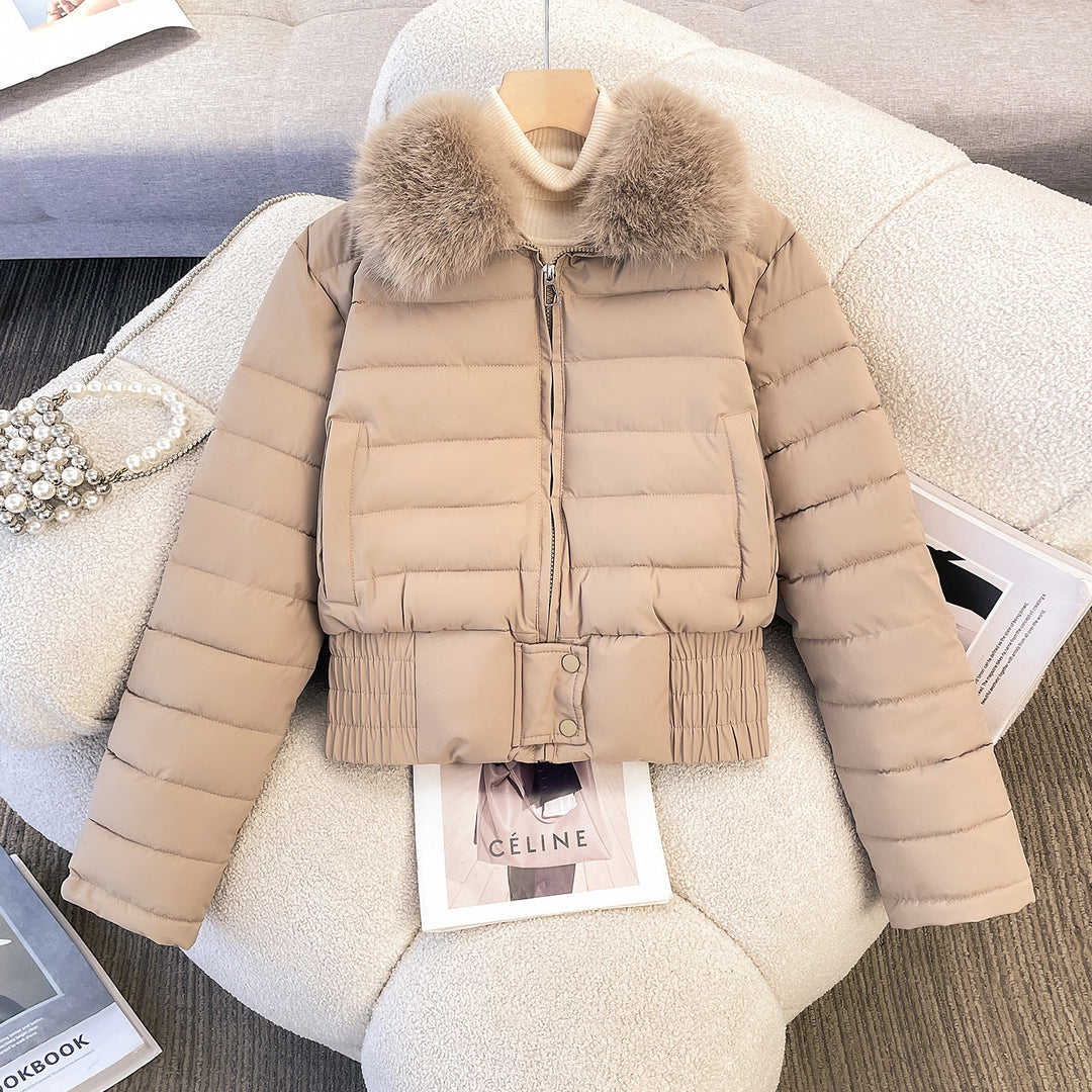 Women's short quilted bomber jacket with removable fur collar and fitted ribbed waistband Mune Fashion