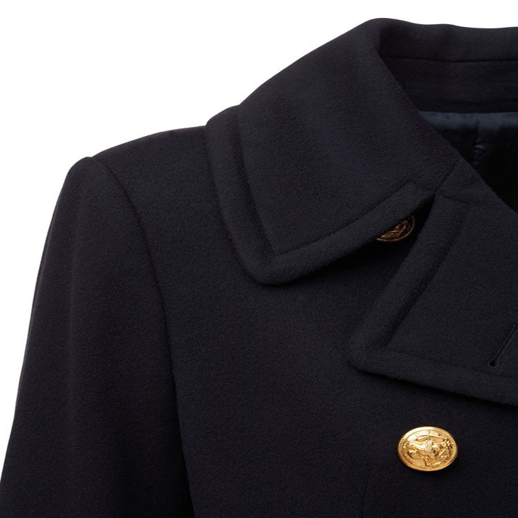 Women's Short Double-Breasted Wool Blend Peacoat with Golden Decorative Round Buttons and Tailored Silhouette Mune Fashion