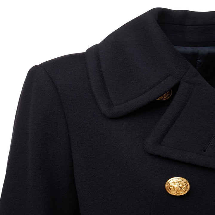 Women's Short Double-Breasted Wool Blend Peacoat with Golden Decorative Round Buttons and Tailored Silhouette Mune Fashion