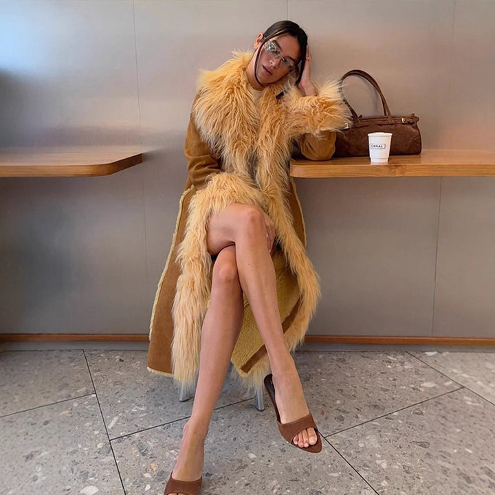 Women Long Shearling Imitation Coat with Voluminous Shawl Collar and Plush Cuffs Mune Fashion