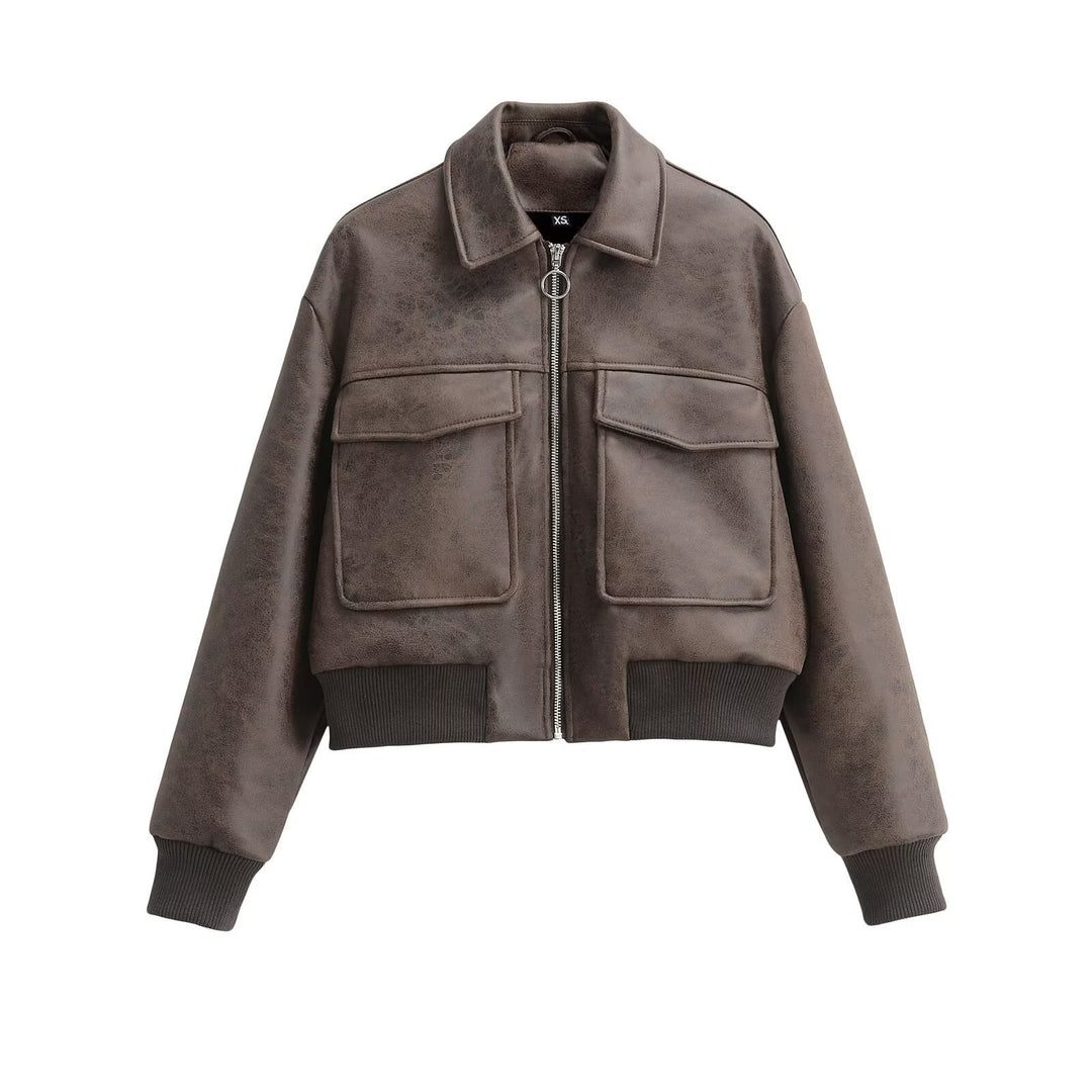 Women Cropped Bomber Jacket in Vintage Leather Look with Large Flap Pockets Mune Fashion