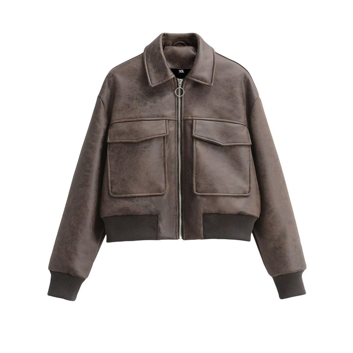 Women Cropped Bomber Jacket in Vintage Leather Look with Large Flap Pockets Mune Fashion