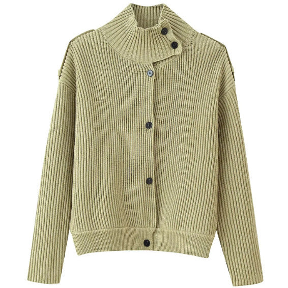 Women's 80+ short ribbed knit cardigan with high stand-up collar and button placket Mune Fashion