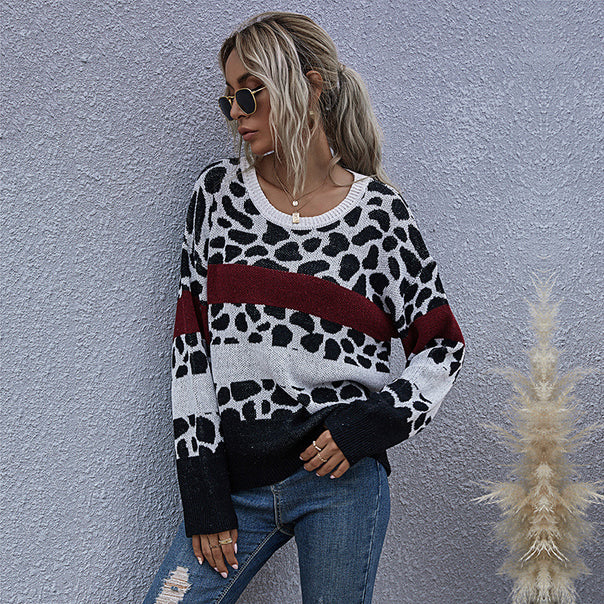 Women's oversized knitted pullover with leopard jacquard, colorblock stripes & ribbed cuffs Mune Fashion