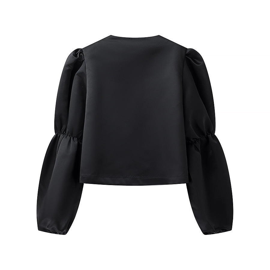 Ladies Glossy Satin Blouse with Voluminous Puff Sleeves Mune Fashion