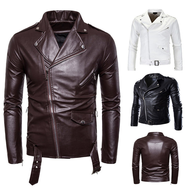Men's biker leather jacket in slim fit with asymmetrical zipper and waist belt Mune Fashion