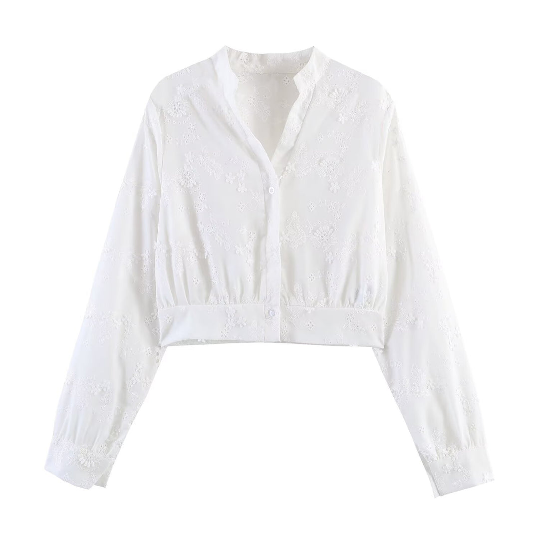 Women's Embroidered Cropped Blouse with Stand-up Collar, Cutwork Embroidery and Tailored Waist Mune Fashion