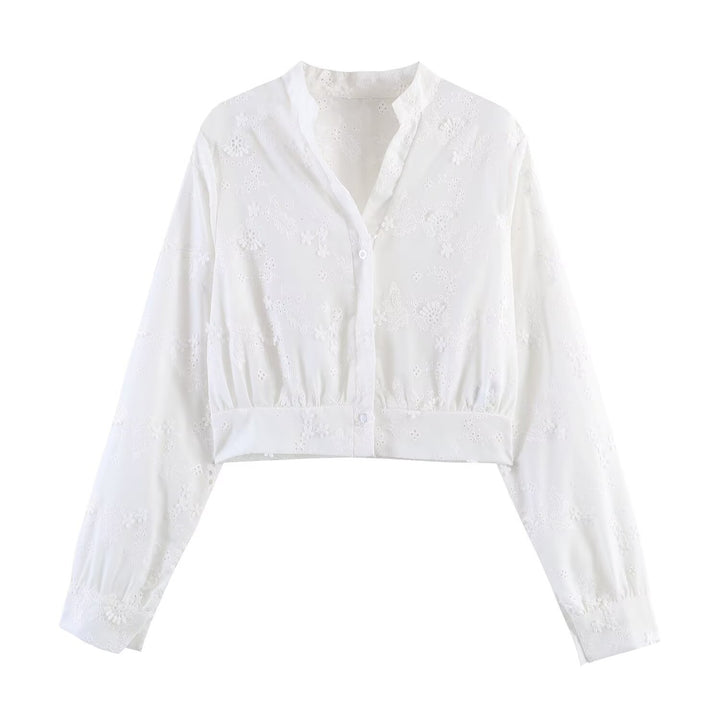 Women's Embroidered Cropped Blouse with Stand-up Collar, Cutwork Embroidery and Tailored Waist Mune Fashion