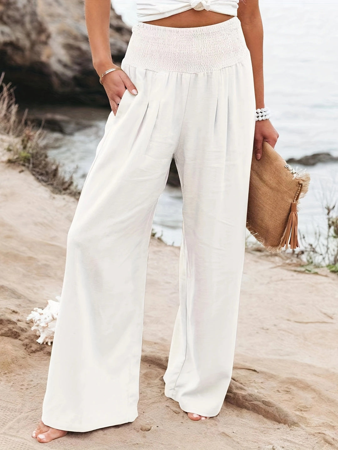 Women's Wide Linen Pants with Smocked Band and Side Pockets Mune Fashion