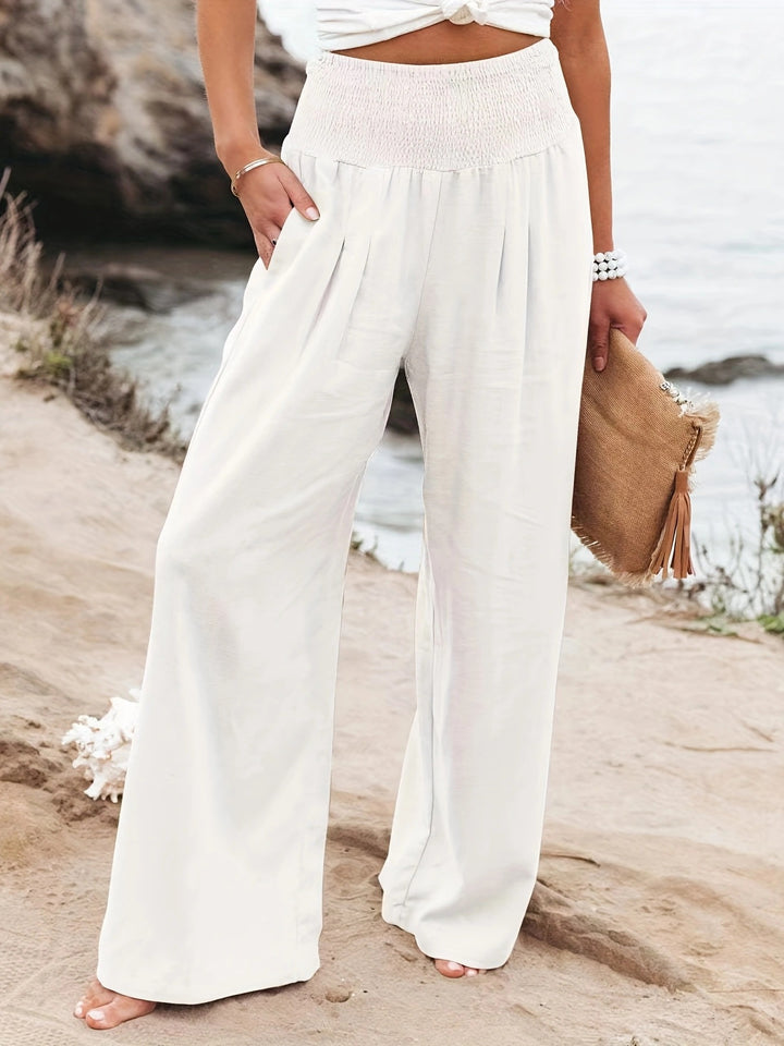 Women's Wide Linen Pants with Smocked Band and Side Pockets Mune Fashion