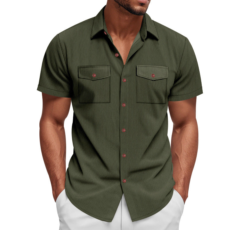Men's casual short-sleeve shirt with lapel collar, patch flap pockets and fine pinstripe texture Mune Fashion