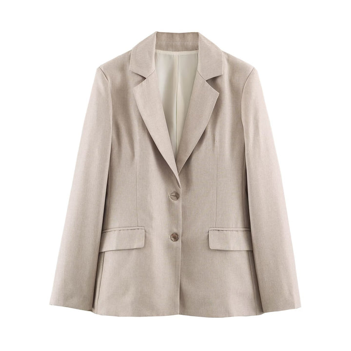 Women Longline Blazer in Linen Blend with Lapel Collar and Flap Pockets Mune Fashion