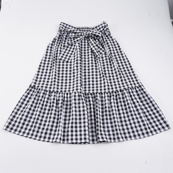 Women's Checked Midi Skirt with High Waist Tie and Tiered Ruffle Mune Fashion