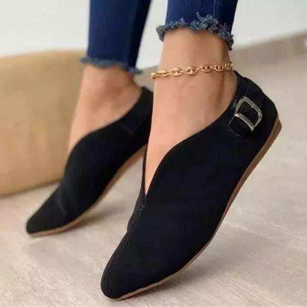 Women Flat Slip-on Ballerina with Pointed Toe Cap, V-Neck and Decorative Buckle Mune Fashion