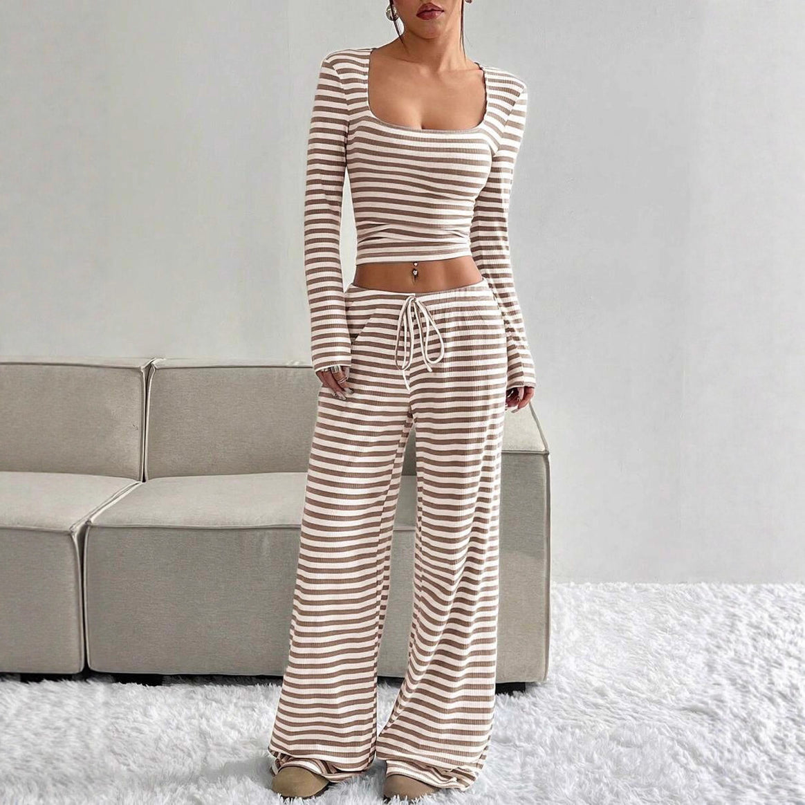 Women's Striped Lounge Two-Piece with Wide Leg and Cropped Long Sleeve Top Mune Fashion