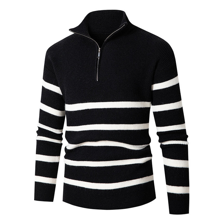 Men's Maritime Stripe Mockneck Pullover with Half Zip and Ribbed Fine Knit Mune Fashion