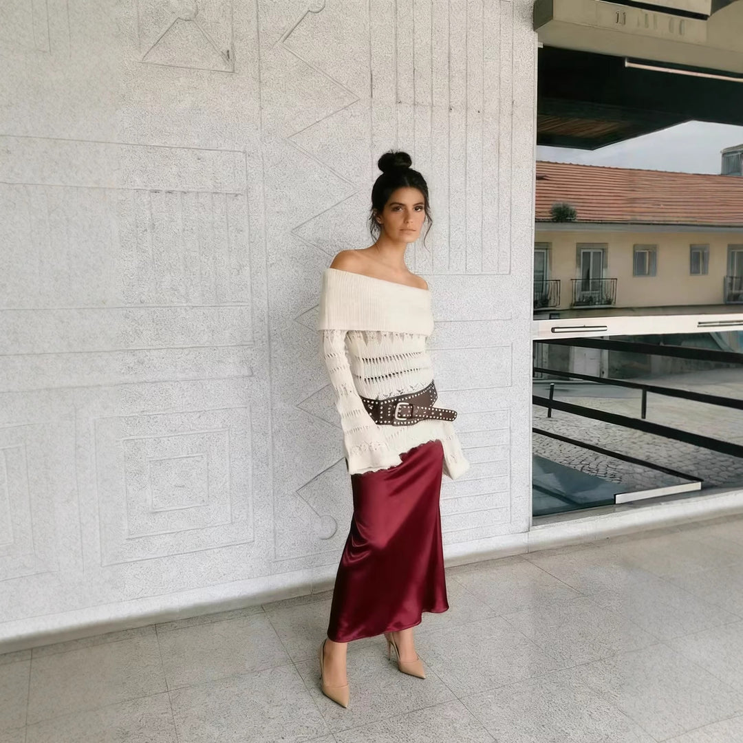 Women's Off-Shoulder Fine Knit Sweater with Folded Roll Neck and Bell Sleeves Mune Fashion