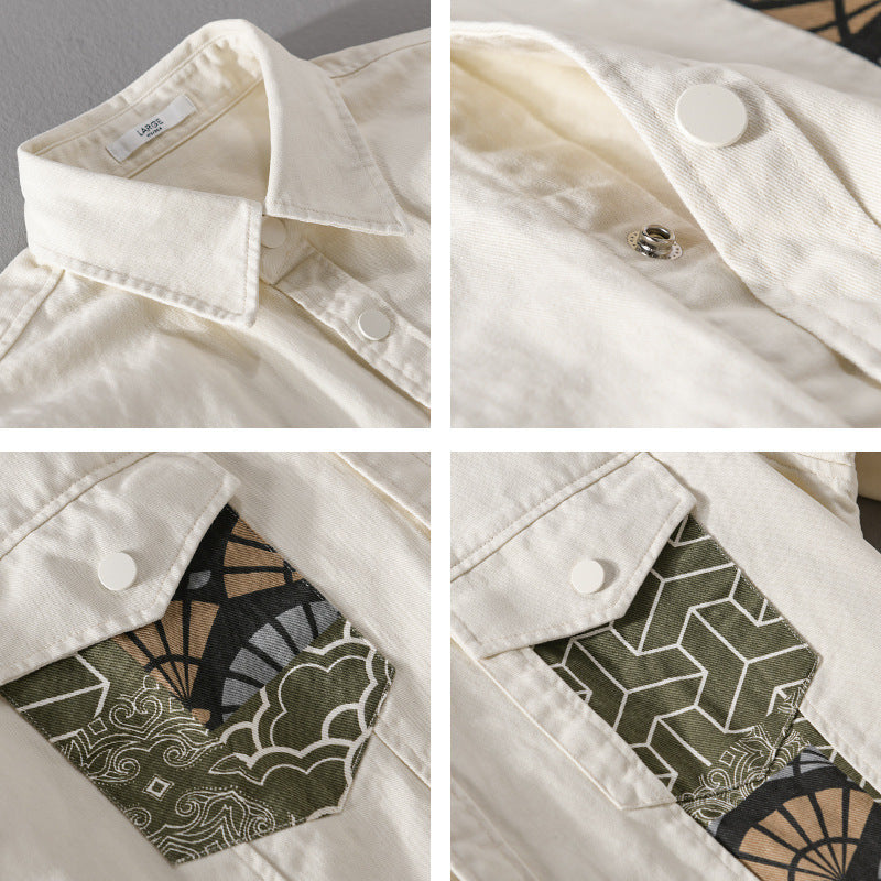 Men's Lightweight Canvas Overshirt in Worker Style with Japanese Pattern Patch and Snap Button Placket Mune Fashion
