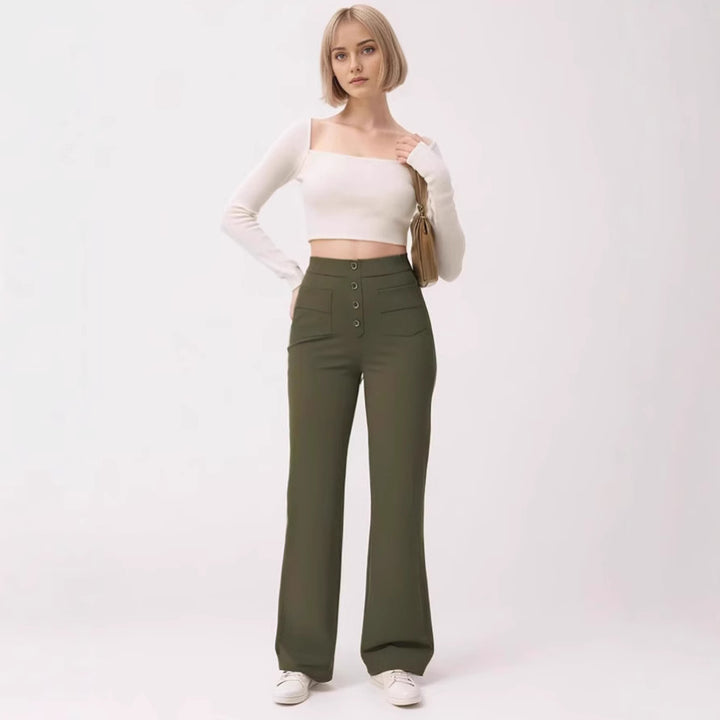 Women's waist-defining flared pants made of stretch jersey with decorative button placket Mune Fashion