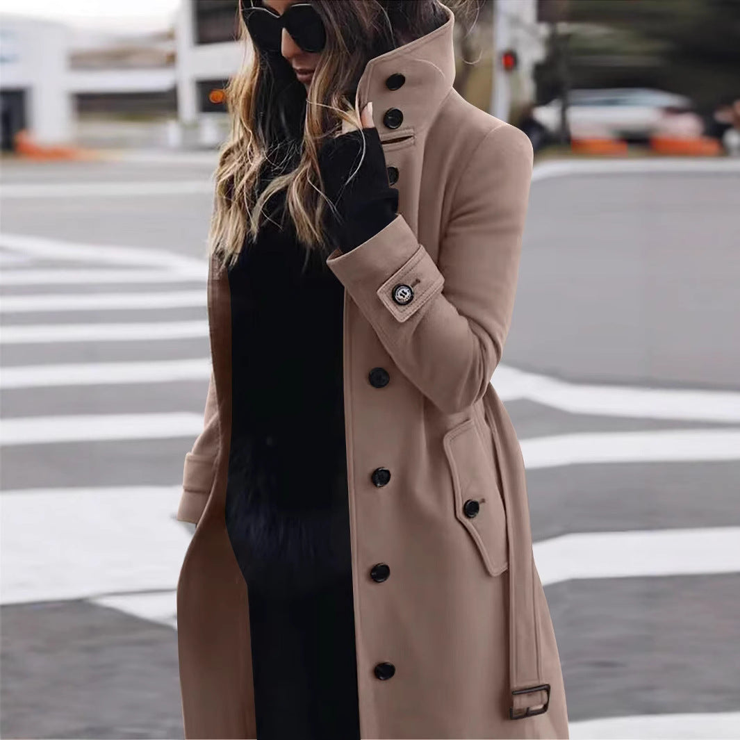 Women's Long Cut Trench Coat with High Stand Collar, Button Placket and Waist Belt Look Mune Fashion
