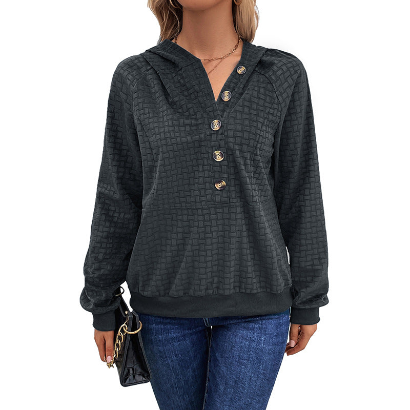 Women's Textured Hooded Henley Sweater with Button Placket and Kangaroo Pocket Mune Fashion