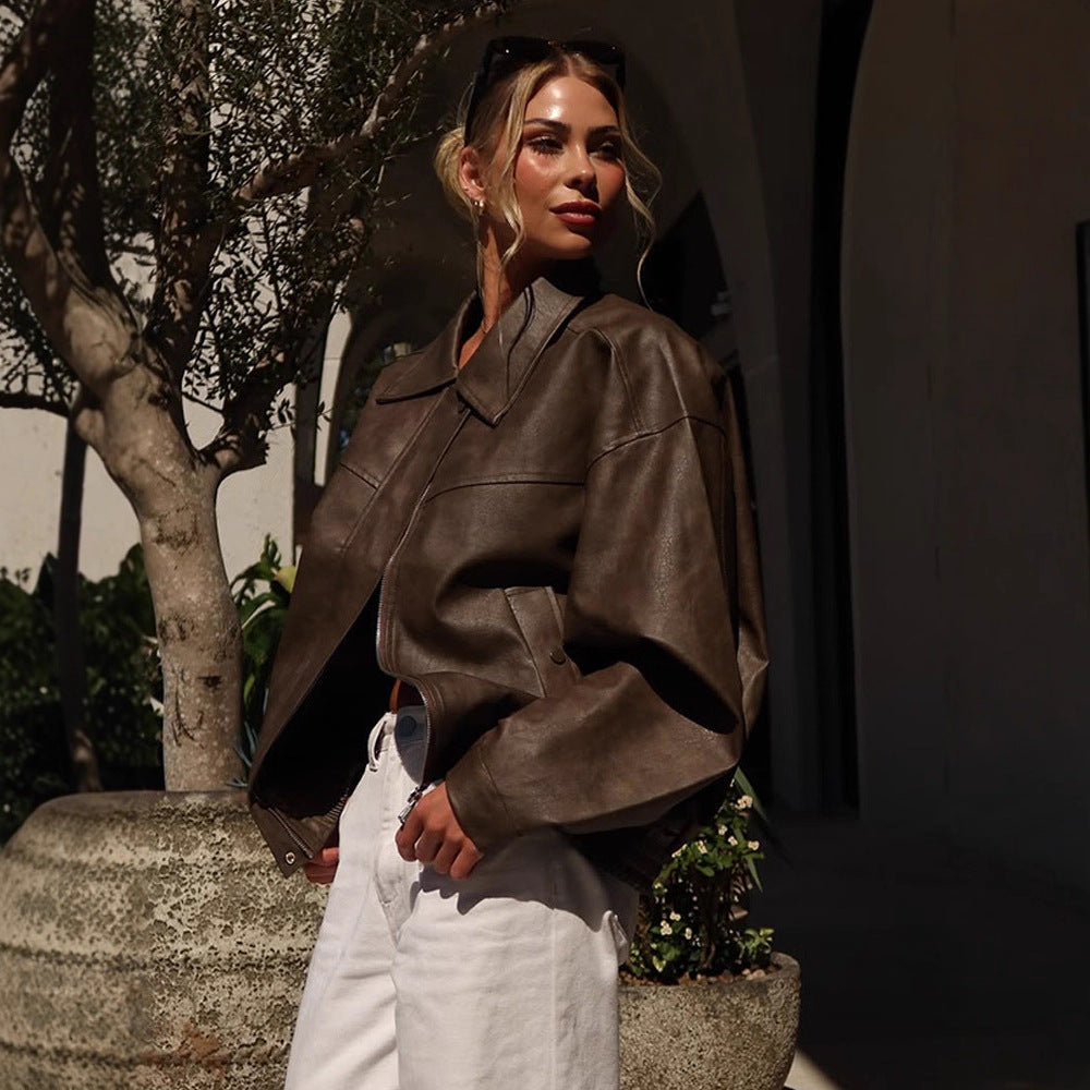 Women Boxy Cropped Faux Leather Blouson with Oversized Shoulder Mune Fashion