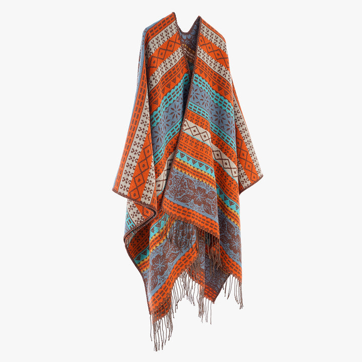 Women's Cape-Poncho with multicolored Jacquard, open front and fringe hem Mune Fashion