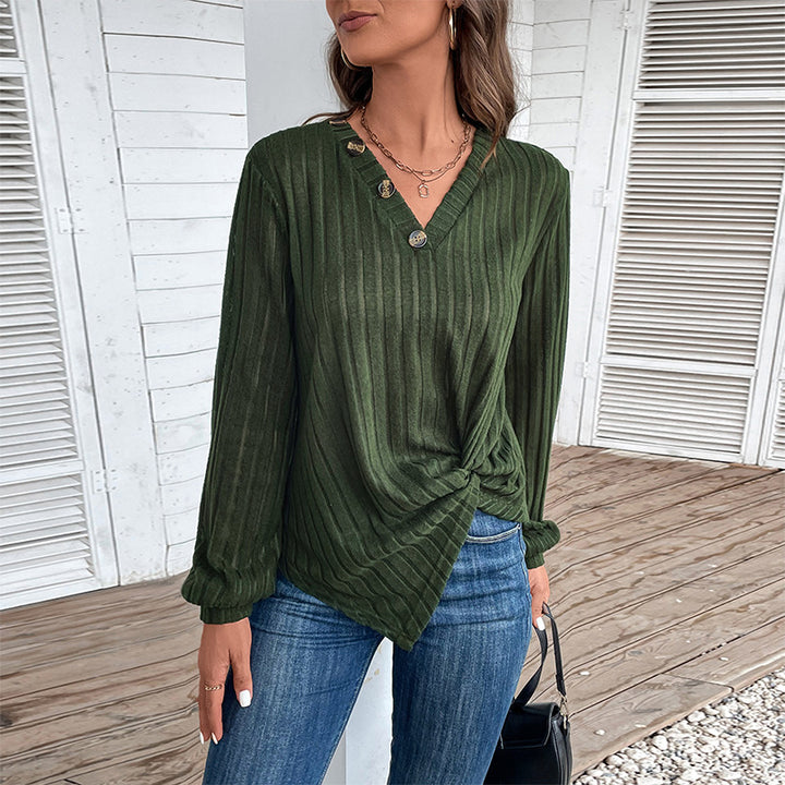 Women Ribbed V-Neck Long Sleeve Shirt with Twist Knot and Decorative Buttons Mune Fashion