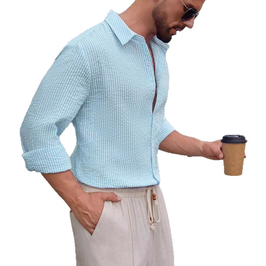 Men's airy seersucker shirt with Kent collar, button placket and rolled-up sleeves Mune Fashion