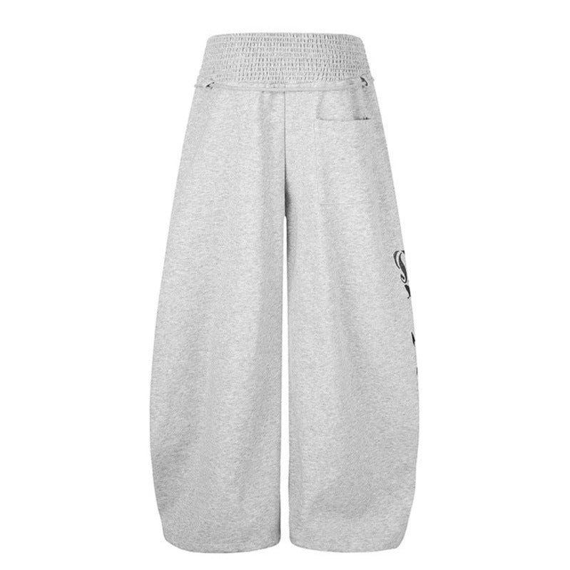Women Extra Wide Balloon Palazzo Sweatpants with Ribbed Comfort Waistband, Drawstring and Typographic Gothic Print Mune Fashion