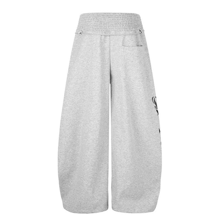 Women Extra Wide Balloon Palazzo Sweatpants with Ribbed Comfort Waistband, Drawstring and Typographic Gothic Print Mune Fashion