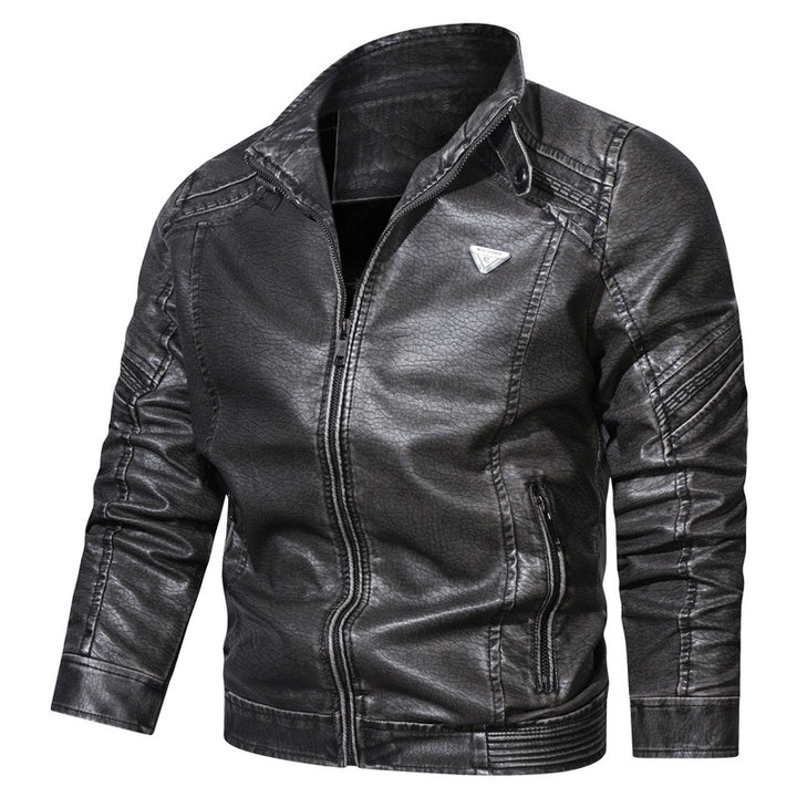 Men's Denim-Look Biker Jacket with Textured Surface and Stand-Up Collar Mune Fashion