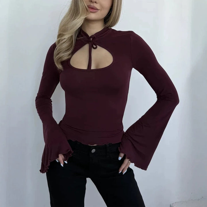 Women's Tailored Long Sleeve Shirt with Cut-Out and Flared Ruffle Sleeves Mune Fashion