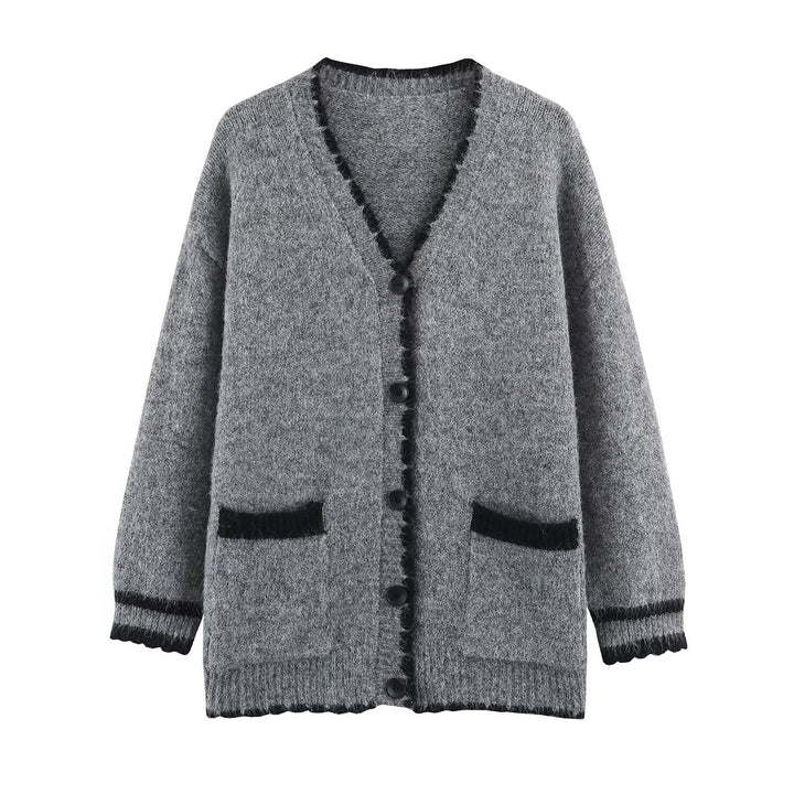 Women's Oversize Knit Cardigan with V-Neck, Button Placket and Contrasting Decorative Edges Mune Fashion